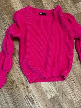 SHEIN Bright Pink Ribbed Puff-Sleeve Sweater